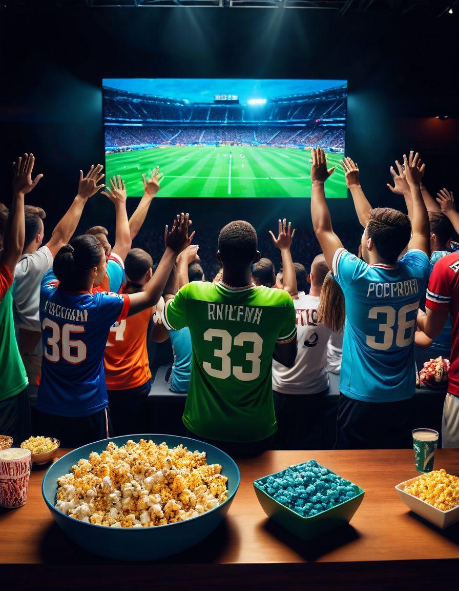 A dynamic scene capturing the thrill of live sports streaming, featuring a diverse group of excited fans gathered around a high-tech screen displaying a vibrant sporting event. Incorporate elements like popcorn, drinks, and sports jerseys to enhance the atmosphere. Add dramatic lighting effects that reflect the energy of live sports and emphasize a feeling of connection and excitement among the fans. vibrant colors. super-realistic.