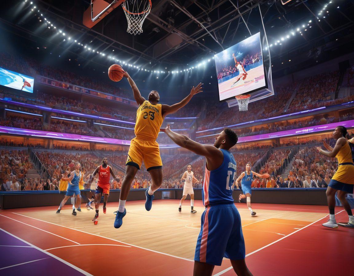 A dynamic sports scene showcasing a diverse group of athletes engaged in various sports like basketball, soccer, and tennis, surrounded by vibrant screens displaying live game statistics and highlights. Include a stylish, modern lounge area where fans are excitedly watching the events, emphasizing the thrill of exclusive sports coverage. A vivid blend of colors to highlight the energy of sports. super-realistic. vibrant colors. 3D.