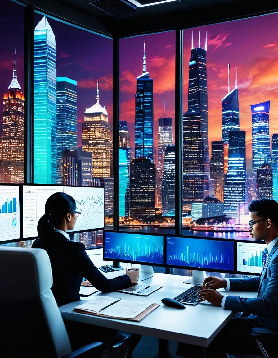 A dynamic digital landscape showcasing a sleek, modern dashboard filled with real-time data visualizations, graphs, and interactive elements. In the foreground, a diverse group of professionals engaged in analyzing trends and making strategic decisions, with a sense of excitement. Incorporate bold colors and futuristic elements to suggest advanced technology and competition. Blend in a city skyline in the background to symbolize a fast-paced business environment. vibrant colors. 3D. super-realistic.